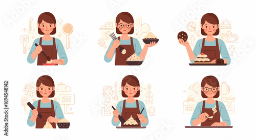 Flat vector woman cooking and preparing food with chopsticks
