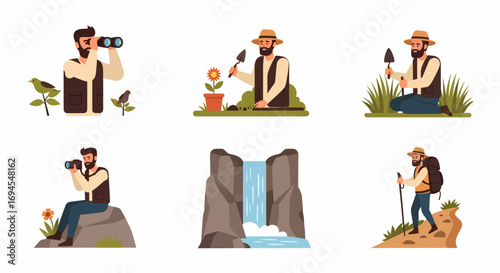 Flat vector man exploring nature binoculars waterfall hiking