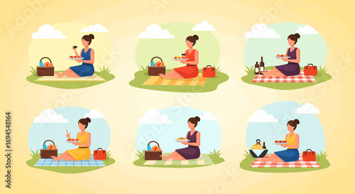 Vector Illustration Woman Enjoying Picnic Lunch Outdoors