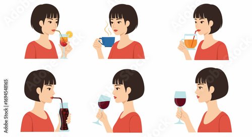 Vector illustration of woman drinking various beverages
