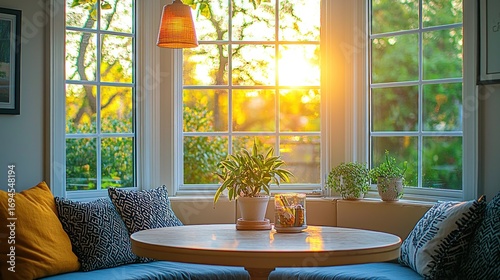 Sunlight streams into a cozy bay window