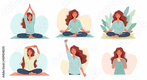 Flat vector woman meditating in various yoga poses with plants