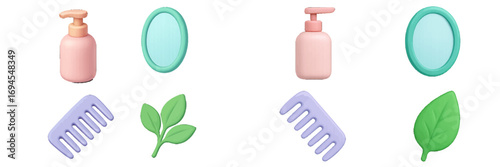 Stylized personal care items including shampoo bottle, mirror, comb, and green leaves for beauty and hygiene concepts