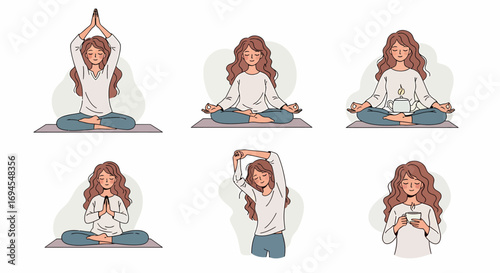 Flat vector woman yoga meditation candle tea pose