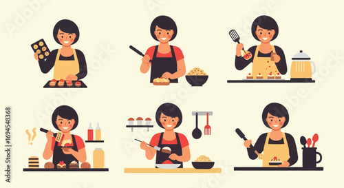 Flat vector woman baking cupcakes and cooking food scenes
