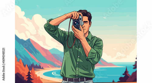 Illustration man holding vintage camera taking photo scenic landscape
