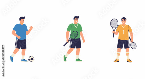 Flat vector illustration of three athletes playing sports