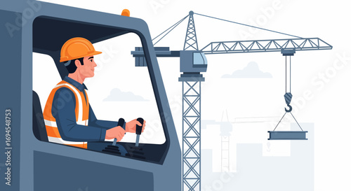 Flat vector construction worker operating crane lifting steel beam