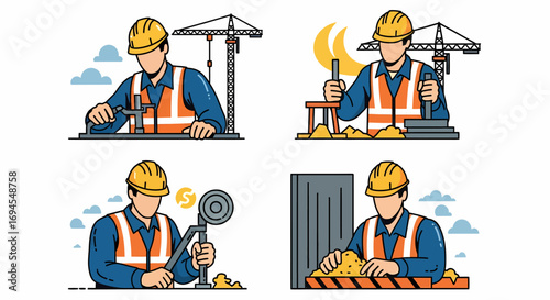 Flat vector construction worker using tools at site