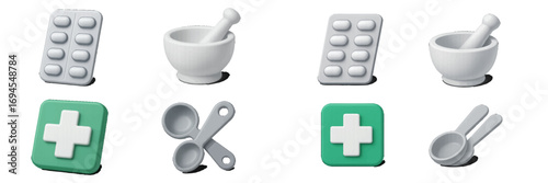 Essential healthcare and pharmacy symbols including blister packs, mortar and pestle, first aid cross, and measuring spoons