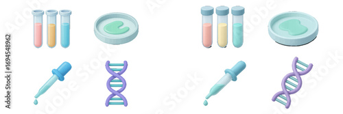 Scientific laboratory equipment with test tubes petri dish dropper and DNA helix for research and biology