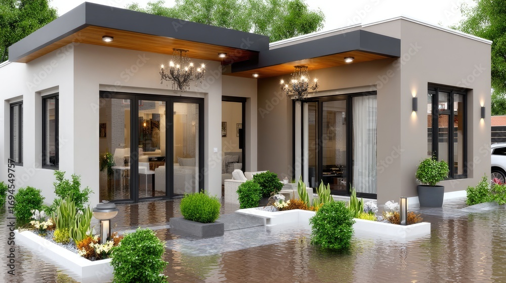 Fototapeta premium Flooded modern house with lush garden during rainy season showcasing resilient architecture and landscaping in a suburban neighborhood
