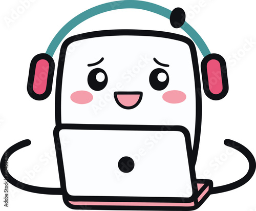 Cartoon laptop character with headphones and blushing cheeks smiling illustration technology
