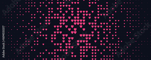 Glowing magenta heart pattern, digital love abstract pixel grid. Romantic mood backdrop, passion, emotion, night tech background for events, apps, web. Scarlet Neon pixel art vector illustration