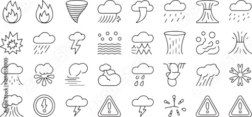 Natural Disaster & Hazard Thin Line Icon Set Vector Pictograms of Weather Events