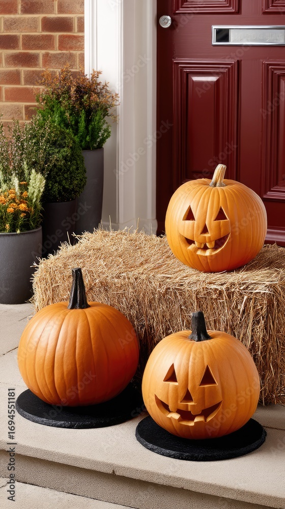 Obraz premium Collection of carved pumpkins arranged on a hay bale in front of a red door during the fall season