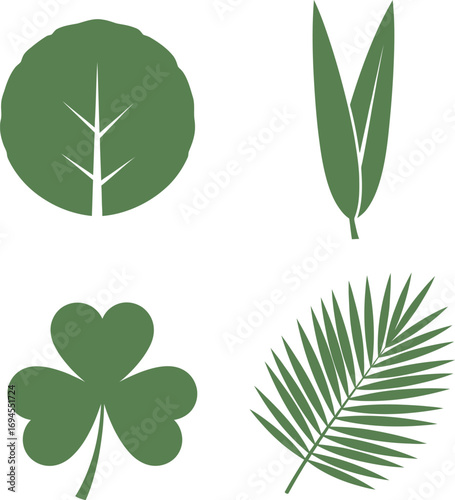 Green leaf icons set nature botany plant symbols forest tree clover palm leaf vector
