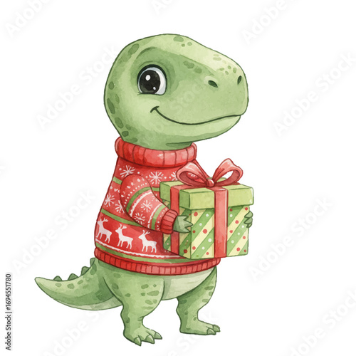 Little dinosaur with gift, funny character in Christmas sweater.
