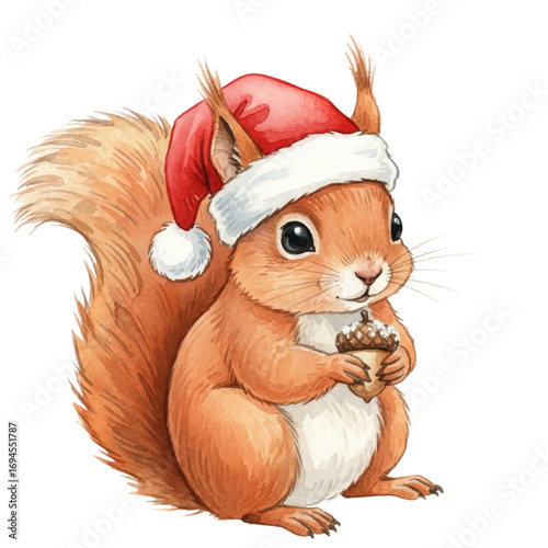 Christmas squirrel, cheerful animal a santa hat.
