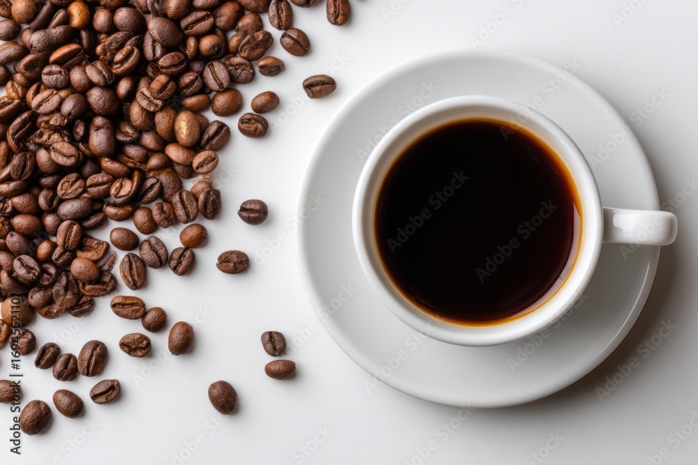 Naklejka premium A white coffee cup with a black liquid in it sits on a white plate with coffee b