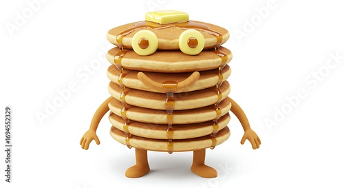 Delightful pancake character dripping with syrup invites you to savor breakfast fun and sweet morning smiles