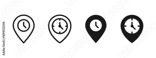 Time location icon. Map pin with clock face vector illustration. GPS navigation symbol. Destination point for schedule or appointment sign.