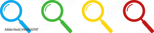 Four glowing magnifying glasses in blue green yellow and red illuminating the concept of search vector