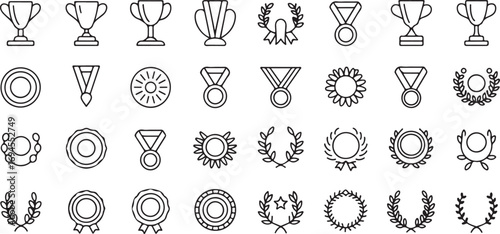 Set of 40 thin outline icons representing victory and achievement trophies, medals, winner’s podium, laurel wreaths, crowns, celebration stars, ribbons