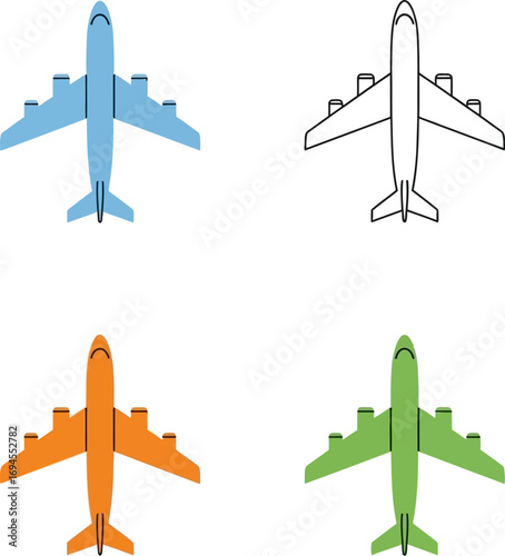 Four diverse colored passenger jet airplanes viewed from above vector