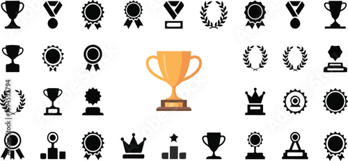 Set of black silhouette vector glyph icons featuring trophies, medals, ribbons, certificates, laurel wreaths, crowns, winner podiums, success badges, and competition awards