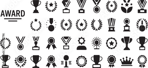 Set of black silhouette vector glyph icons featuring trophies, medals, ribbons, certificates, laurel wreaths, crowns, winner podiums, success badges
