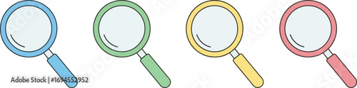 Four colorful magnifying glasses line up for detailed examination and discovery vector