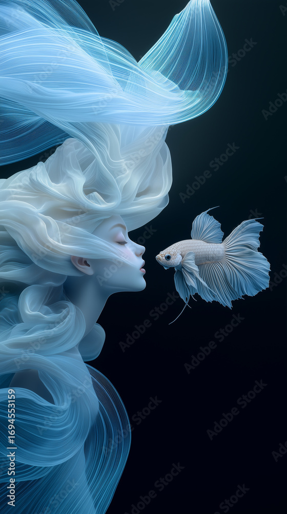 Fototapeta premium Surreal digital artwork of a graceful female figure with flowing hair interacting with a white betta fish, evoking elegance and tranquility.