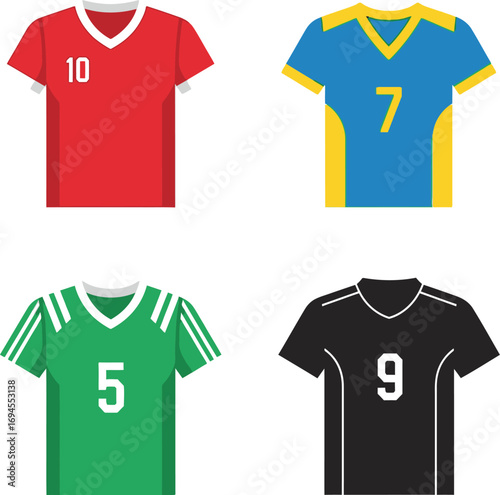 Four colorful sports jersey designs featuring numbers for team uniforms vector