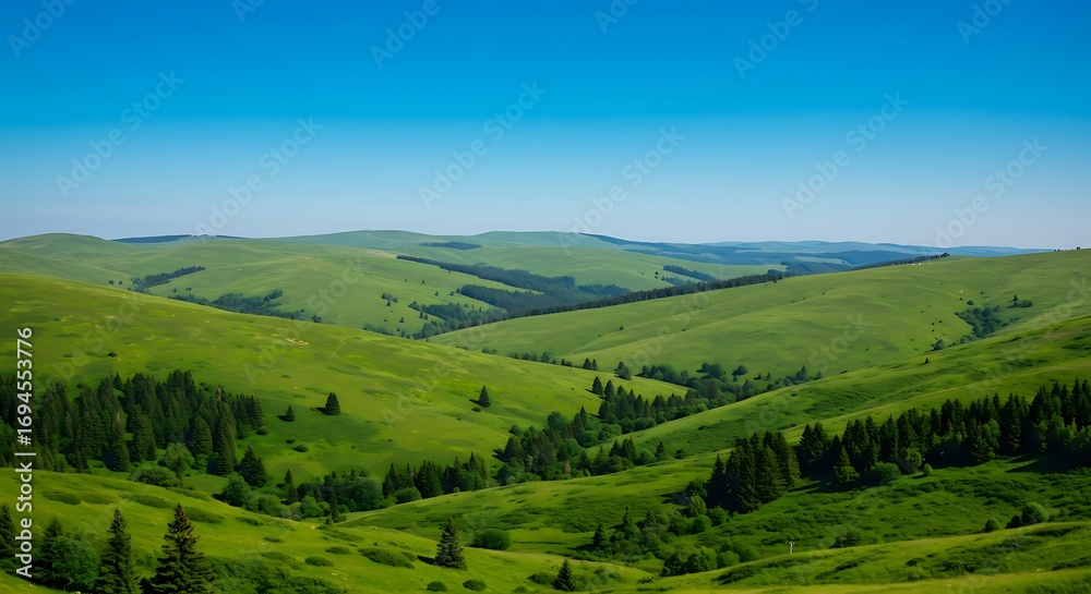 Obraz premium A Green and Lush Pastoral Landscape with Rolling Hills