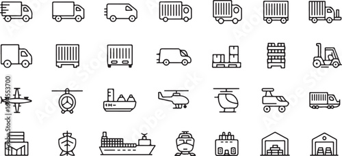 Thin Line Commercial Transport Icons – Cargo, Logistics, and Delivery Vector Set