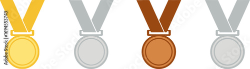 Four medals gold silver bronze set achievement award competition prize recognition vector