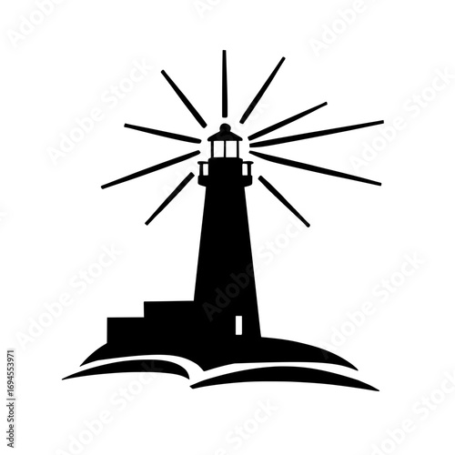 Minimalist black silhouette of a lighthouse with light beam on white background