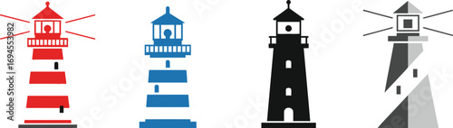 Diverse collection of four stylized lighthouses in different colors and designs vector
