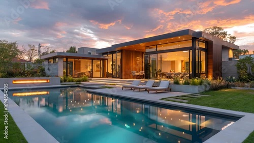 Stunning contemporary residence with infinity pool and outdoor fireplace at sunset, showcasing modern luxury living