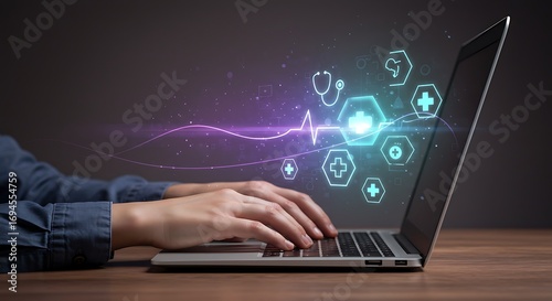 Hands typing on laptop with holographic medical icons and ECG line, digital healthcare telemedicine technology concept