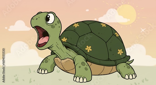 Cartoon turtle with open mouth against a sunset background vector illustration