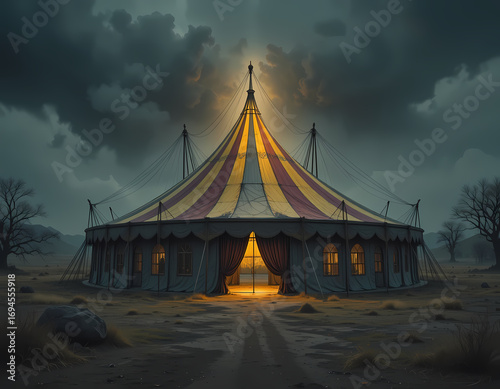 Mysterious spooky circus tent at night under dark cloudy sky. ominous entertainment big top show glowing with strange creepy light