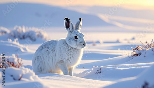 A serene arctic hare amidst a pristine snow-covered landscape, bathed in soft sunlight.