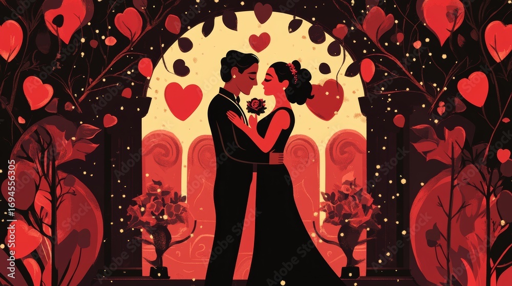Fototapeta premium Romantic Couple Embrace Under Heart-Shaped Canopy