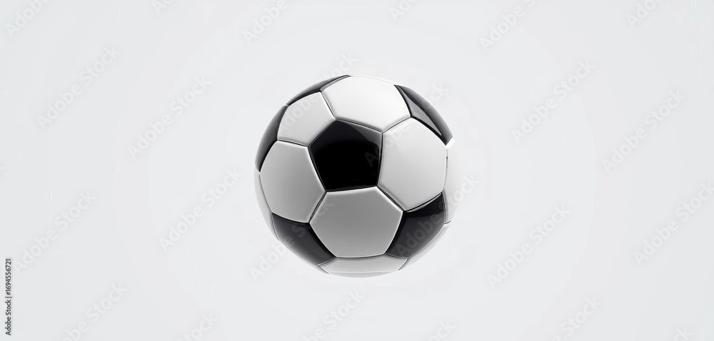 Obraz premium A classic black and white soccer ball suspended in mid-air against a pure white backdrop, background, texture