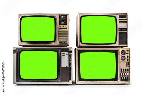 Four old retro style televisions with chroma key green screen for designers, isolated on white background with clipping path.