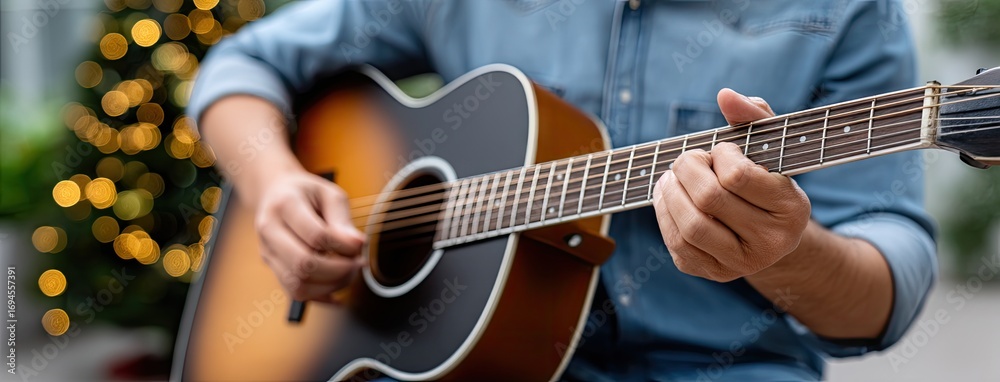 Obraz premium Playing acoustic guitar during festive gathering with blurred lights in background