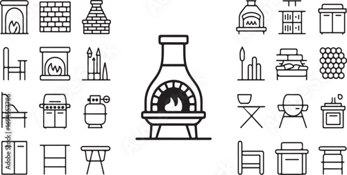 Vector Pictograms Patio Fireplace & Garden Heat Source Thin Line Icon Set – 40
