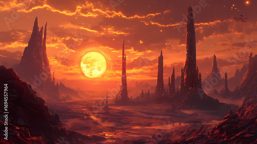Dramatic epic alien planet landscape with futuristic skyscraper at sunset. mysterious, fantasy world for sci fi background